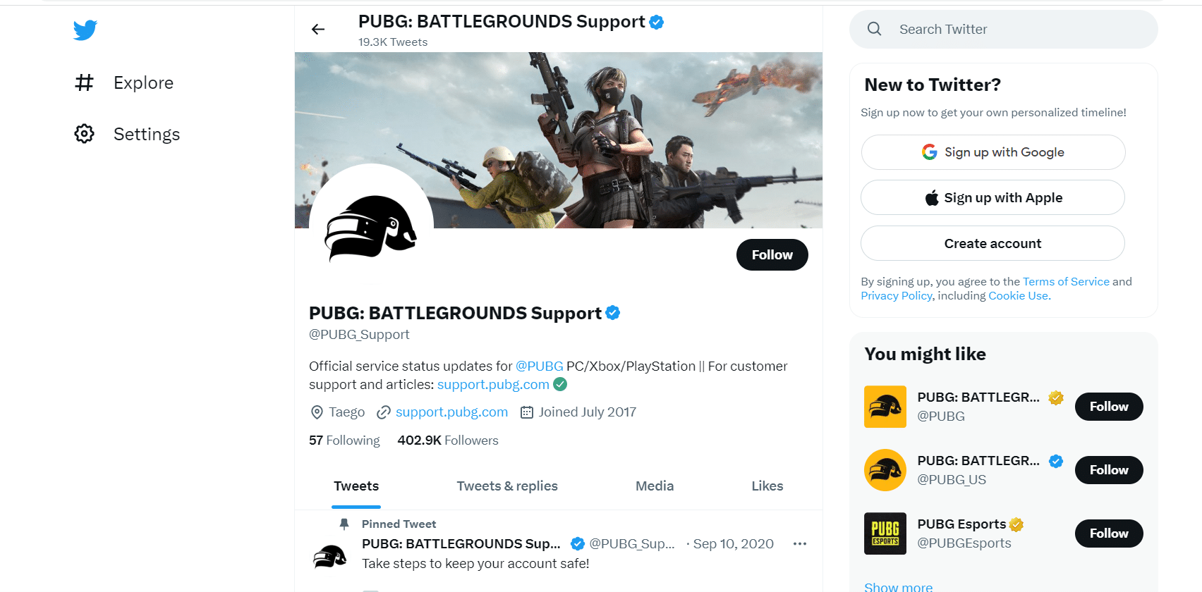 Pagina oficială de Twitter a pubg