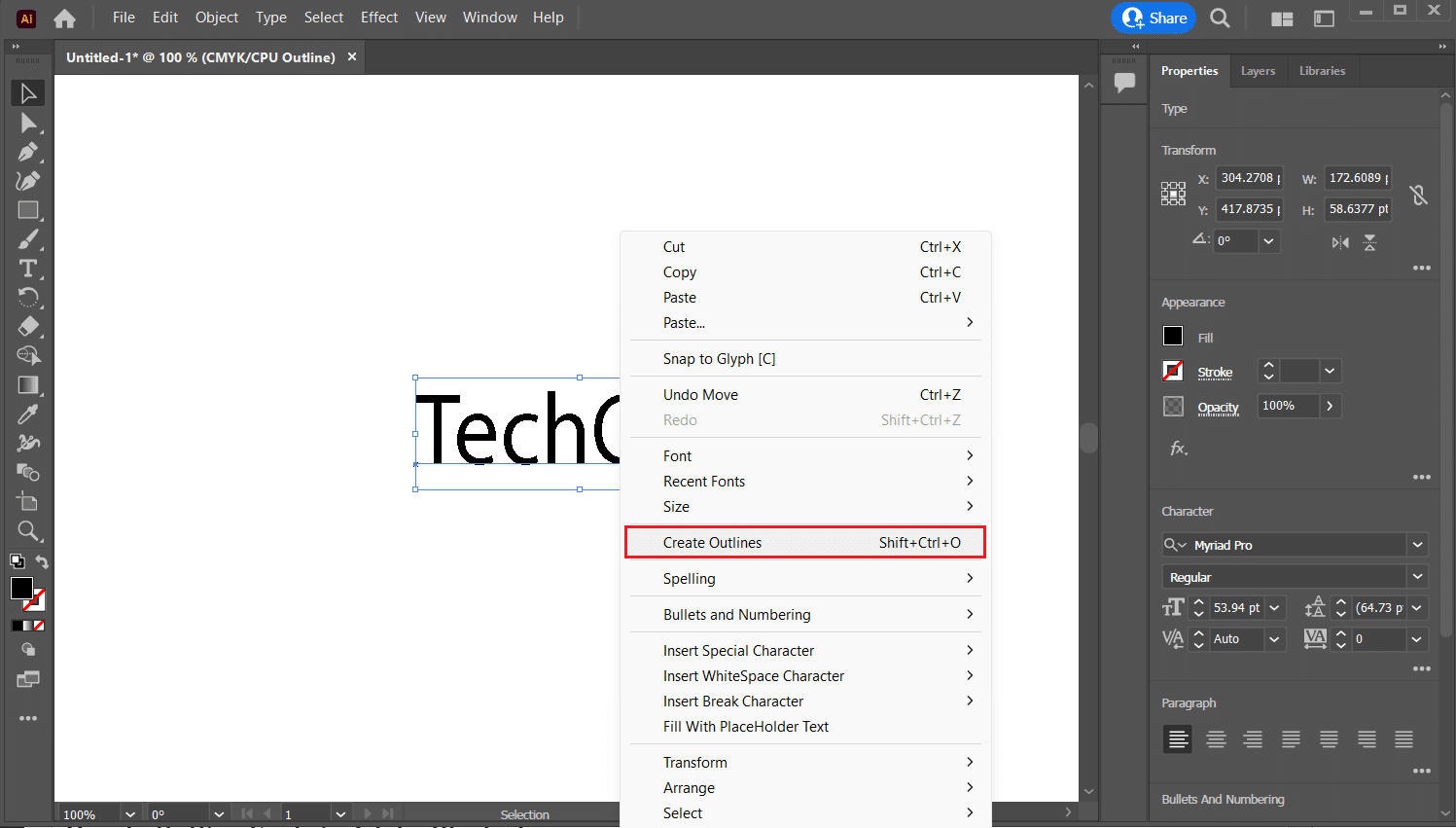 Yazılan metne sağ tıklayın ve Anahat Oluştur seçeneğini seçin | Adobe Illustrator'da Metnin Anahatlarını Nasıl Çizersiniz?