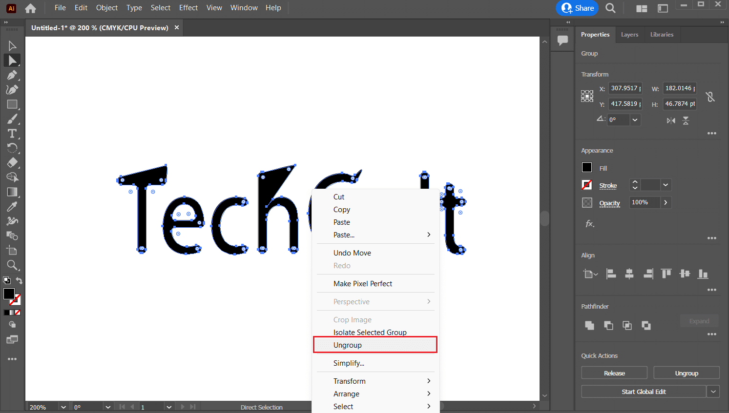 tüm metni seçin ve sağ tıklayın - Grubu Çöz | Adobe Illustrator'da Metnin Anahatlarını Nasıl Çizersiniz?