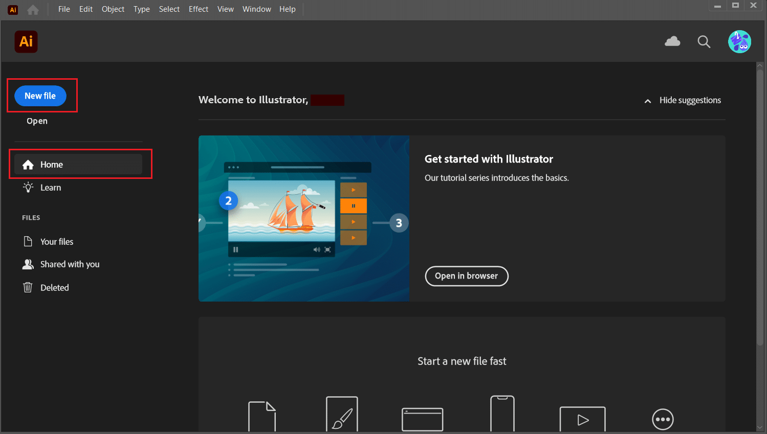 Ana menüden Yeni dosya'ya tıklayın | Adobe Illustrator'da Metnin Anahatlarını Nasıl Çizersiniz?