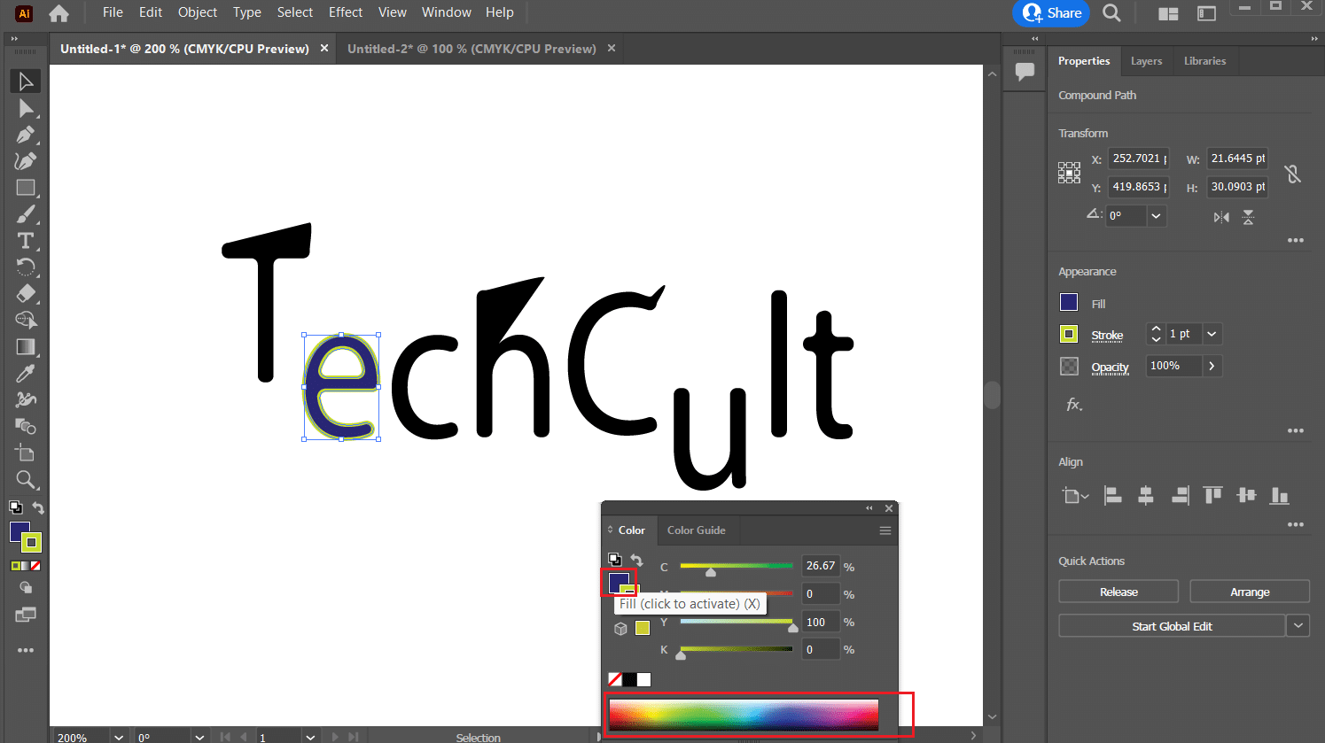 Doldur kutusunu seçin ve istediğiniz rengi seçin | Adobe Illustrator'da Metnin Anahatlarını Nasıl Çizersiniz?