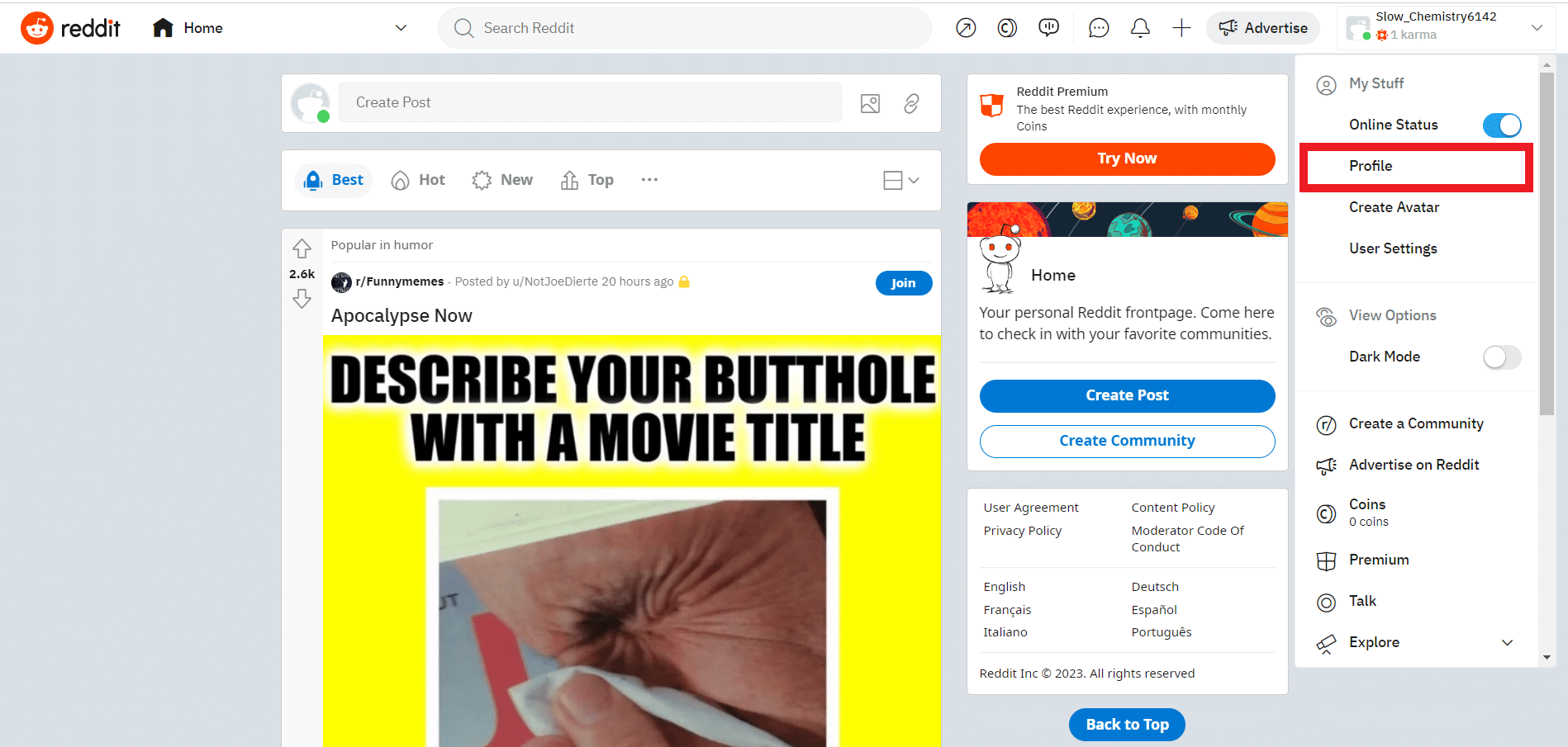 Selezionare l'opzione Profilo dall'elenco del menu.