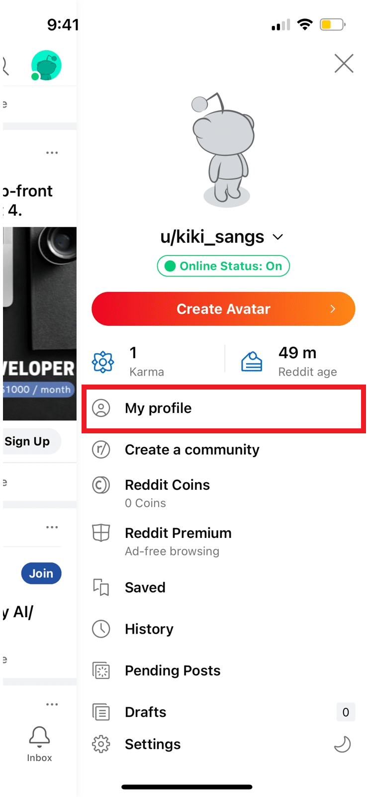Seleziona l'opzione Il mio profilo. L'account deve essere stato creato di recente con un nome utente esistente generato automaticamente affinché questo processo sia applicabile.