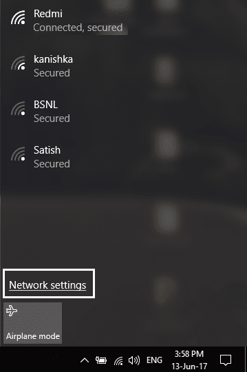 нажмите Настройки сети в окне WiFi