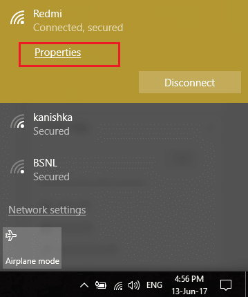 нажмите свойства под подключенной сетью WiFi