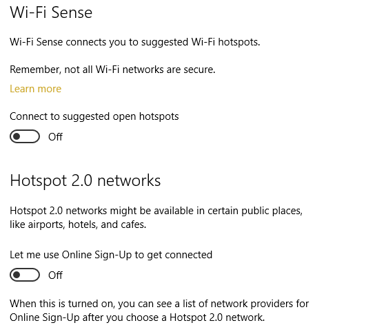 Отключите Wi-Fi Sense и под ним отключите сети Hotspot 2.0 и платные услуги Wi-Fi.