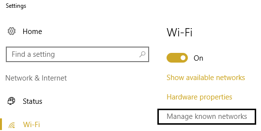 нажмите «Управление известными сетями» в настройках WiFi