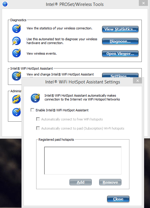Снимите флажок Включить Intel Hotspot Assistant в Intel WiFi Hotspot Assistant.