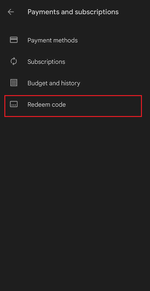 Play Store: toque la opción Canjear código