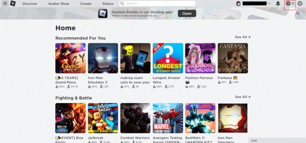 Haga clic en el icono de Robux en la barra de menú superior | ¿Puedes comprar Robux con Google Play Card?