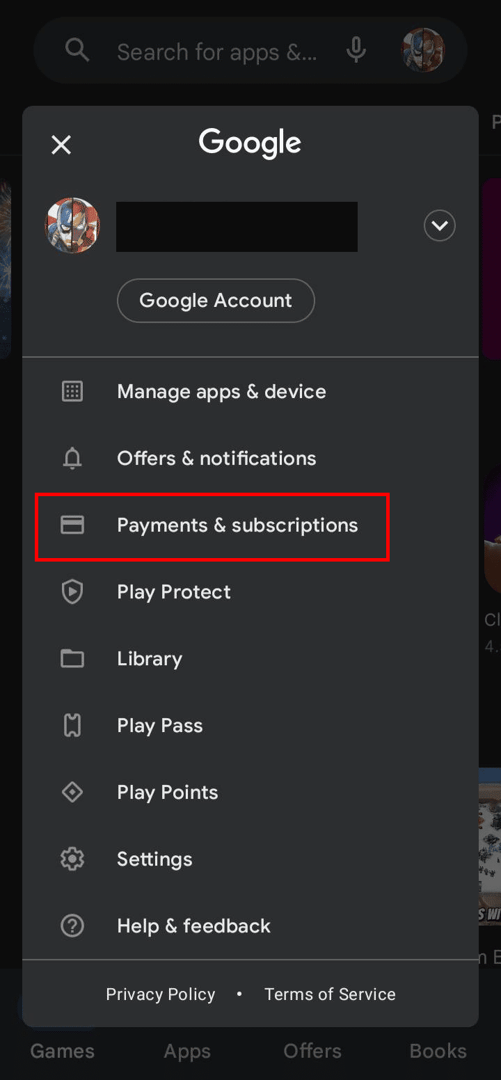 Play Store: toque Pagos y suscripciones de la lista