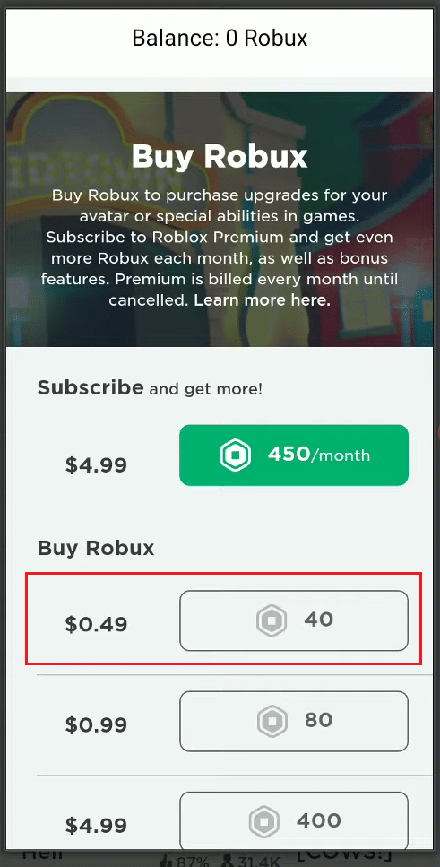 Elija la cantidad deseada de Robux