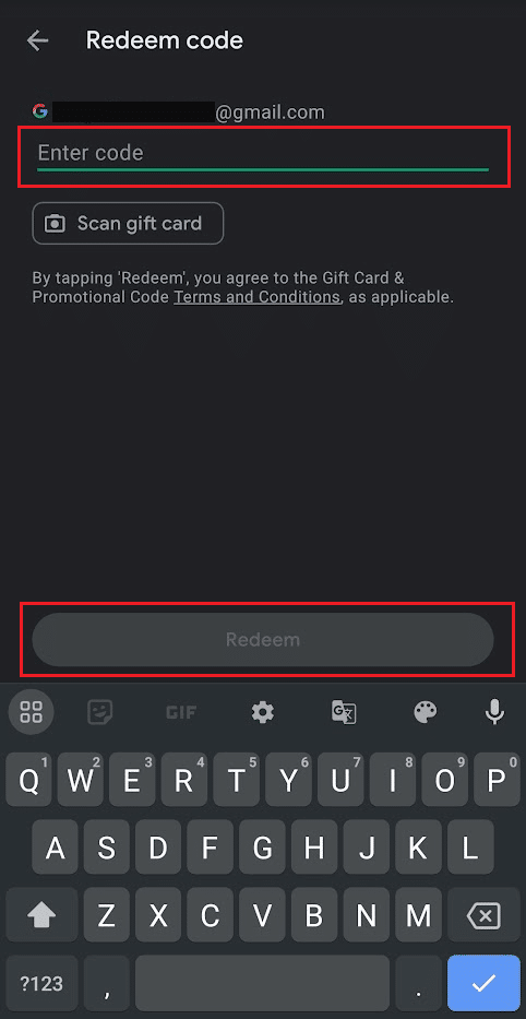 Ingrese el código de su tarjeta de regalo de Google Play y toque Canjear