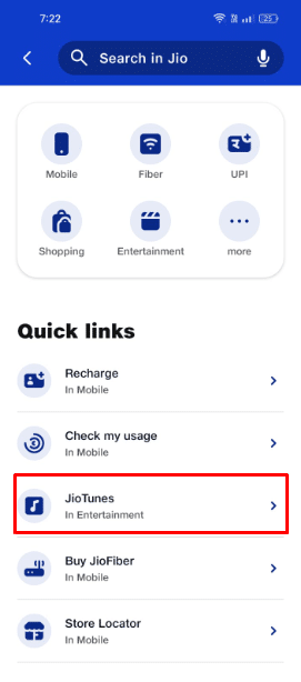 a opção Jio Tunes na seção Quick Links. | Como fazer um toque de chamada para Android