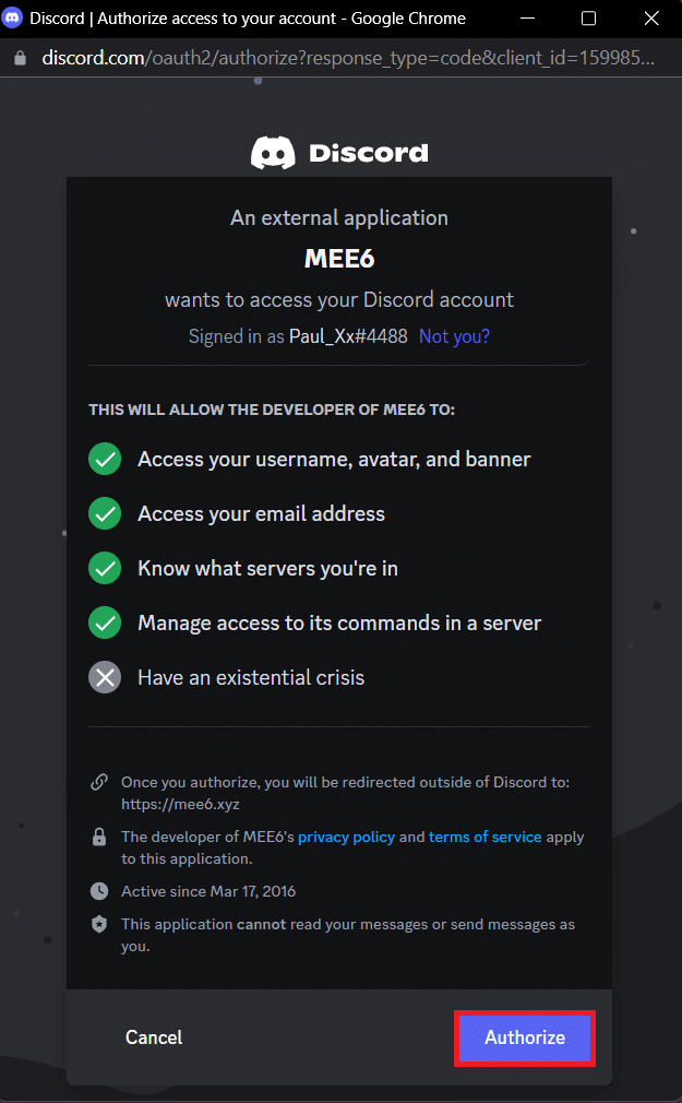 Fare clic su Autorizza. Come avvertire qualcuno su Discord