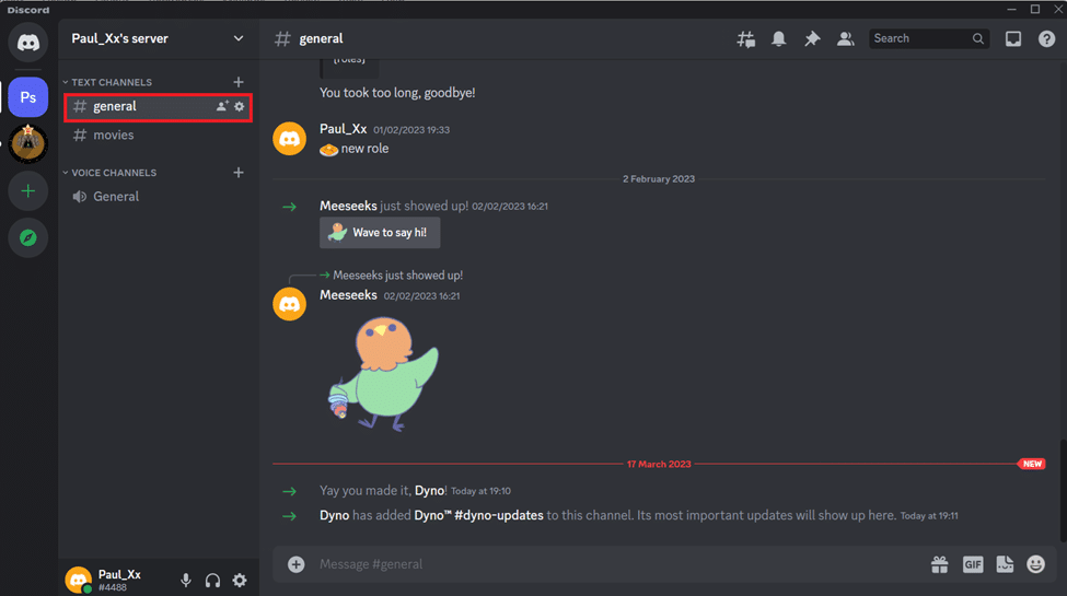 Otwórz kanał Discord lub bezpośrednią wiadomość, w której użytkownik jest ostrzegany. W tym przypadku kanał ogólny