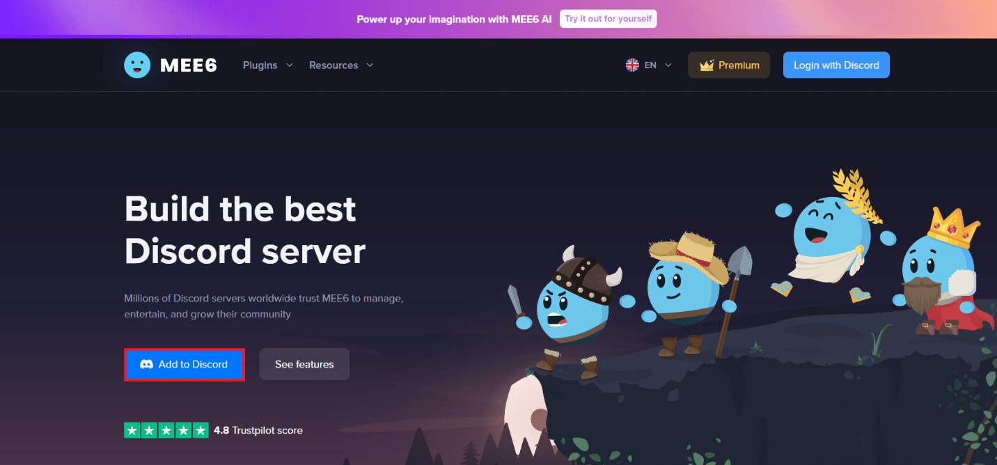Vai al sito Web MEE6 e fai clic sul pulsante Aggiungi a Discord