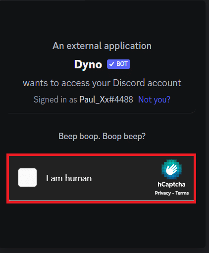 Completa il CAPTCHA per aggiungere il bot Dyno. Come avvertire qualcuno su Discord