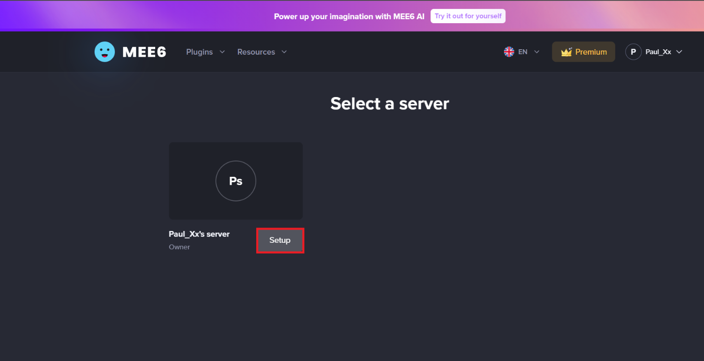 Pilih server untuk menambahkan bot MEE6 dan klik Setup. Cara Memperingatkan Seseorang tentang Perselisihan