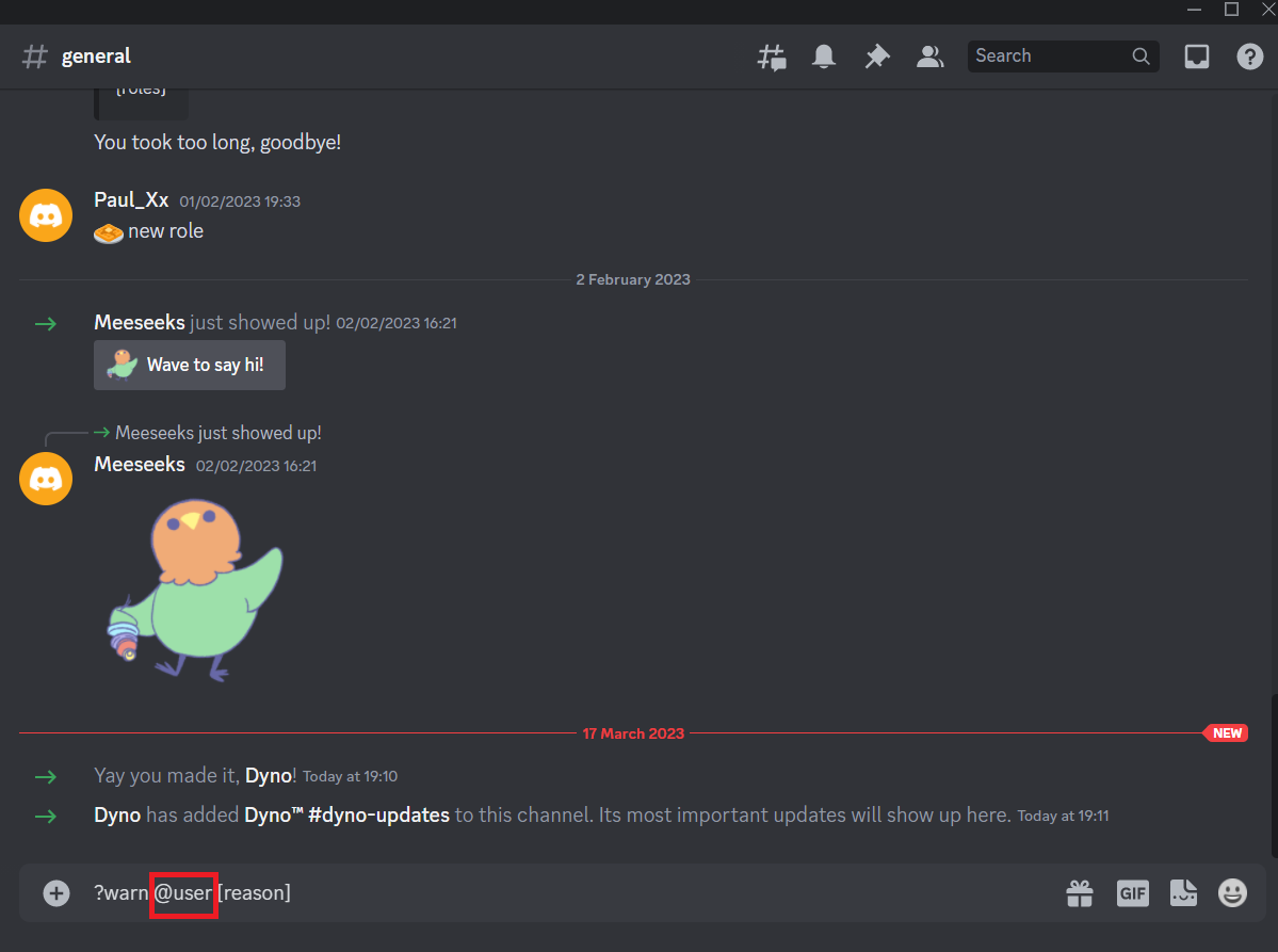 Sostituire l'utente con il nome utente o la menzione dell'utente da avvisare. Come avvertire qualcuno su Discord