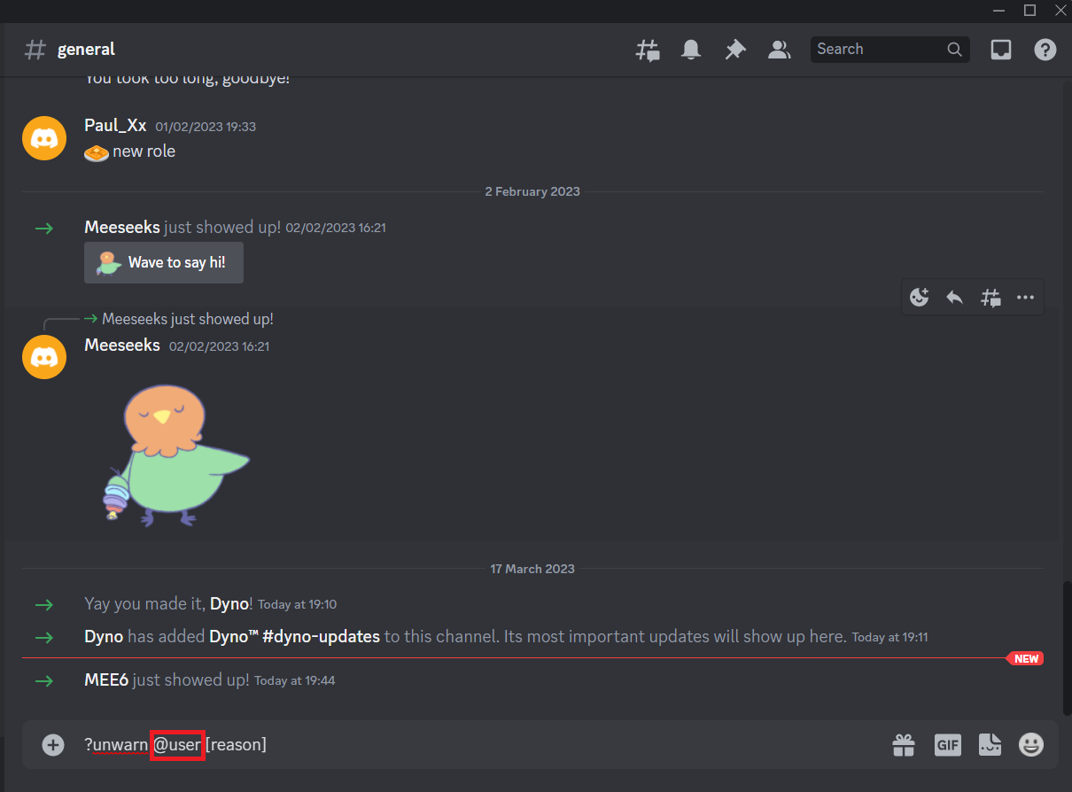 Sostituire l'utente con il nome utente o la menzione dell'utente. Come avvertire qualcuno su Discord