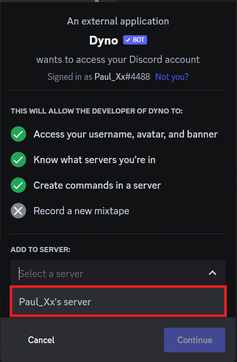 Seleziona un server a cui aggiungere il bot Dyno. Come avvertire qualcuno su Discord