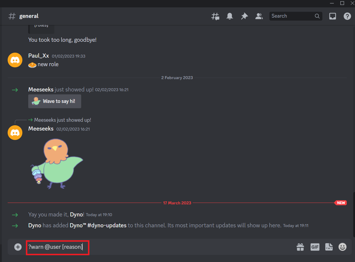 Wpisz następujące polecenie w kanale lub bezpośredniej wiadomości do Dyno, ostrzeżenie użytkownika, powód
