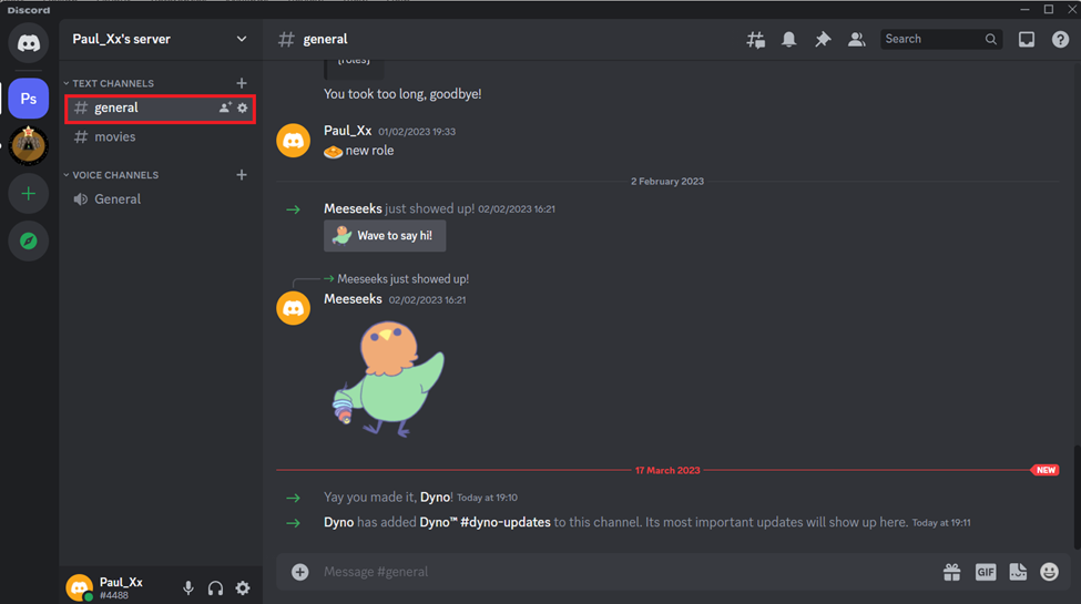 Apri il canale Discord o il messaggio diretto In questo caso il canale generale