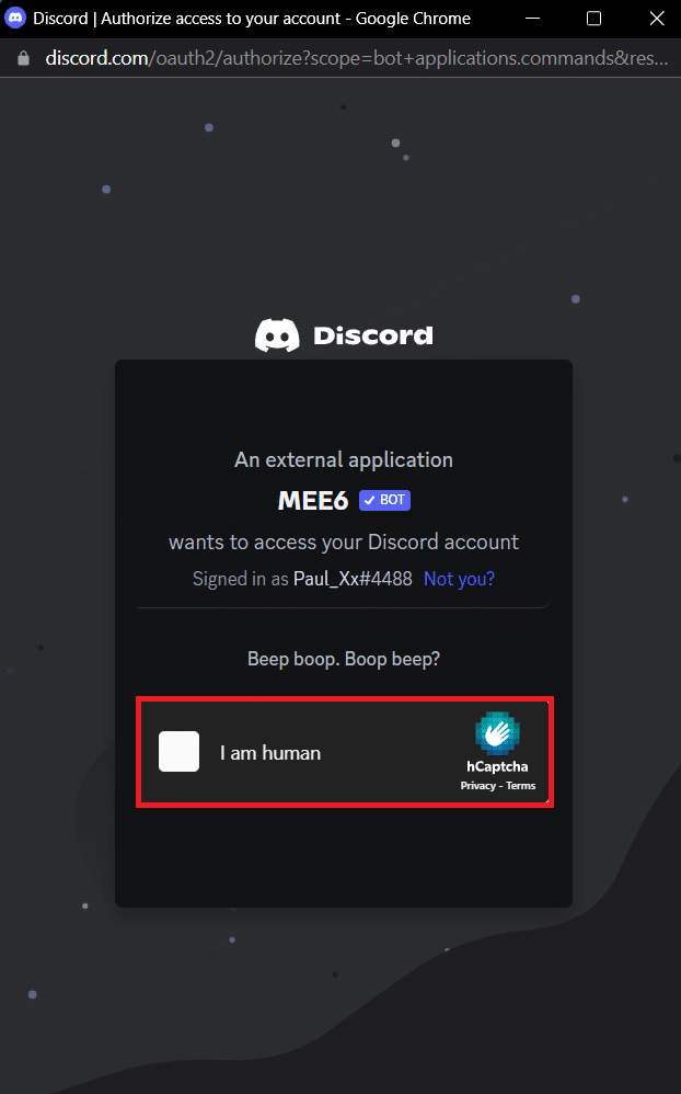 Selesaikan CAPTCHA untuk menambahkan bot MEE6