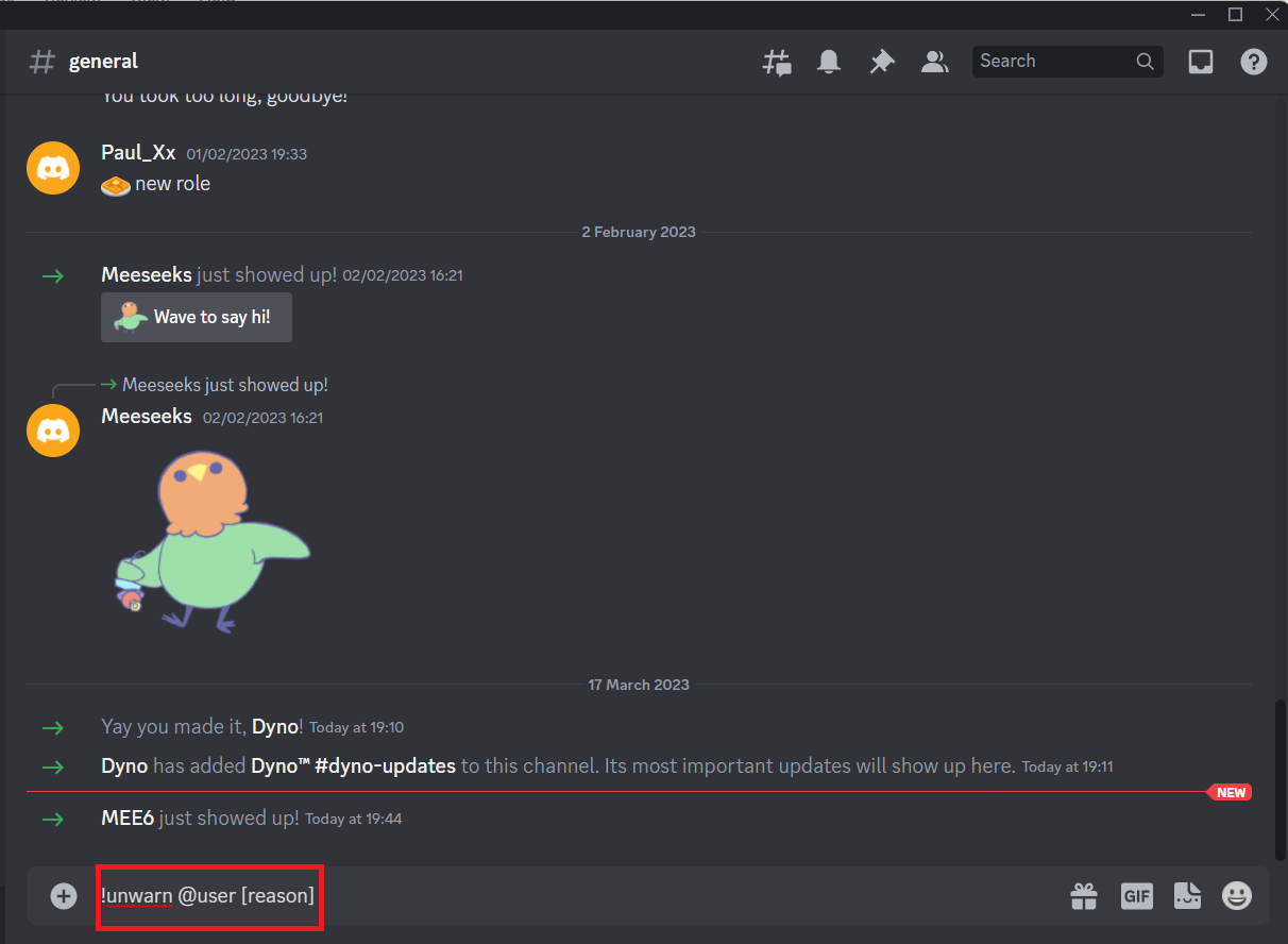 Digita il seguente comando nel canale o il messaggio diretto a MEE6 unwarn user reason. Come avvertire qualcuno su Discord