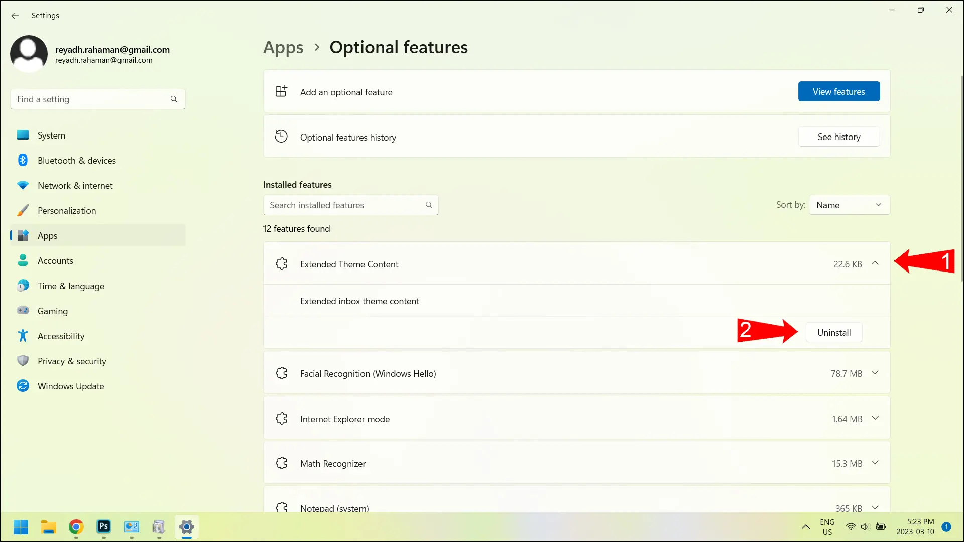 Rote Pfeile, die auf eine Funktion und ihre Schaltfläche „Deinstallieren“ in der App „Einstellungen“ zeigen.