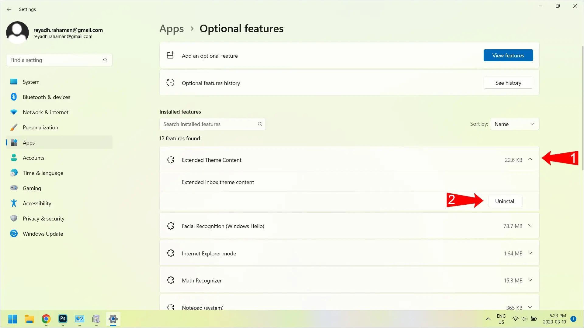 Setas vermelhas apontando para um recurso e seu botão "Desinstalar" no aplicativo Configurações.