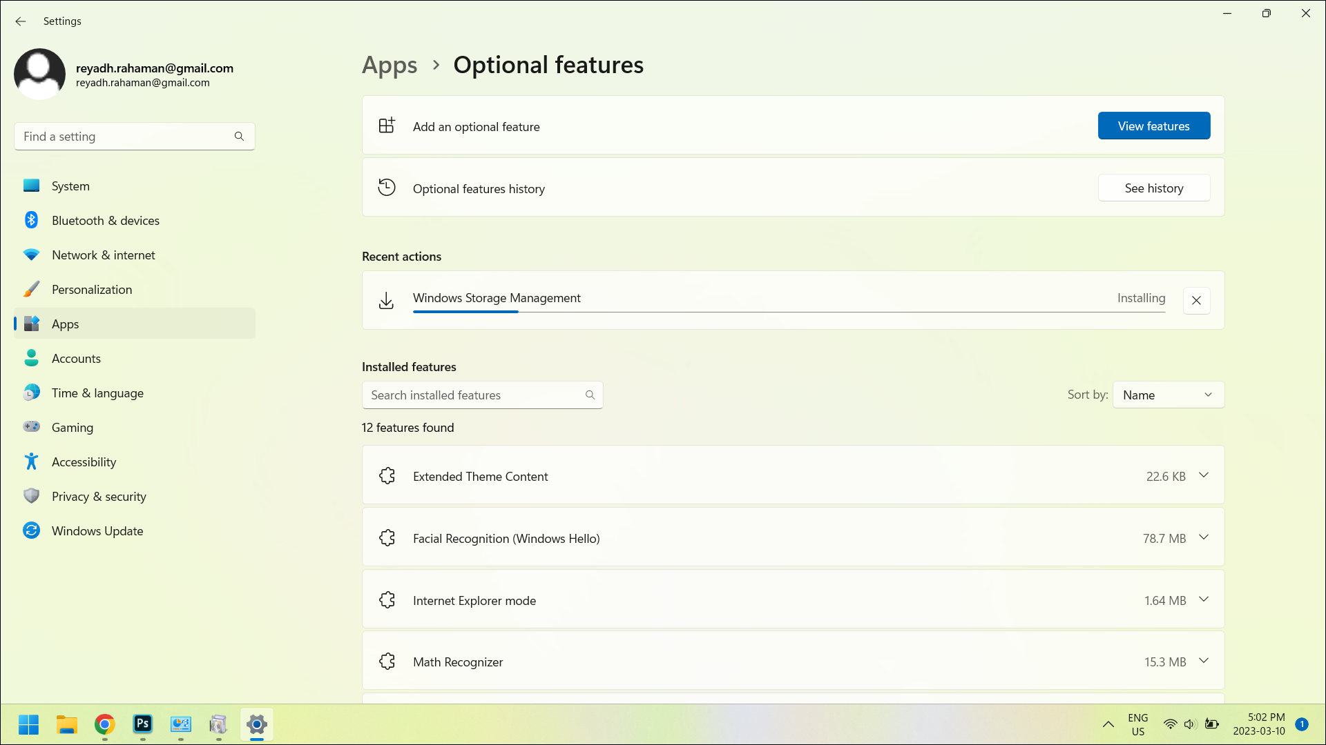 Nell'app Impostazioni, viene installata la funzionalità Gestione archiviazione di Windows.
