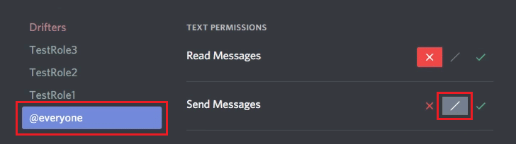 Klicken Sie auf @everyone und wählen Sie für Send Messages die Registerkarte Slash aus