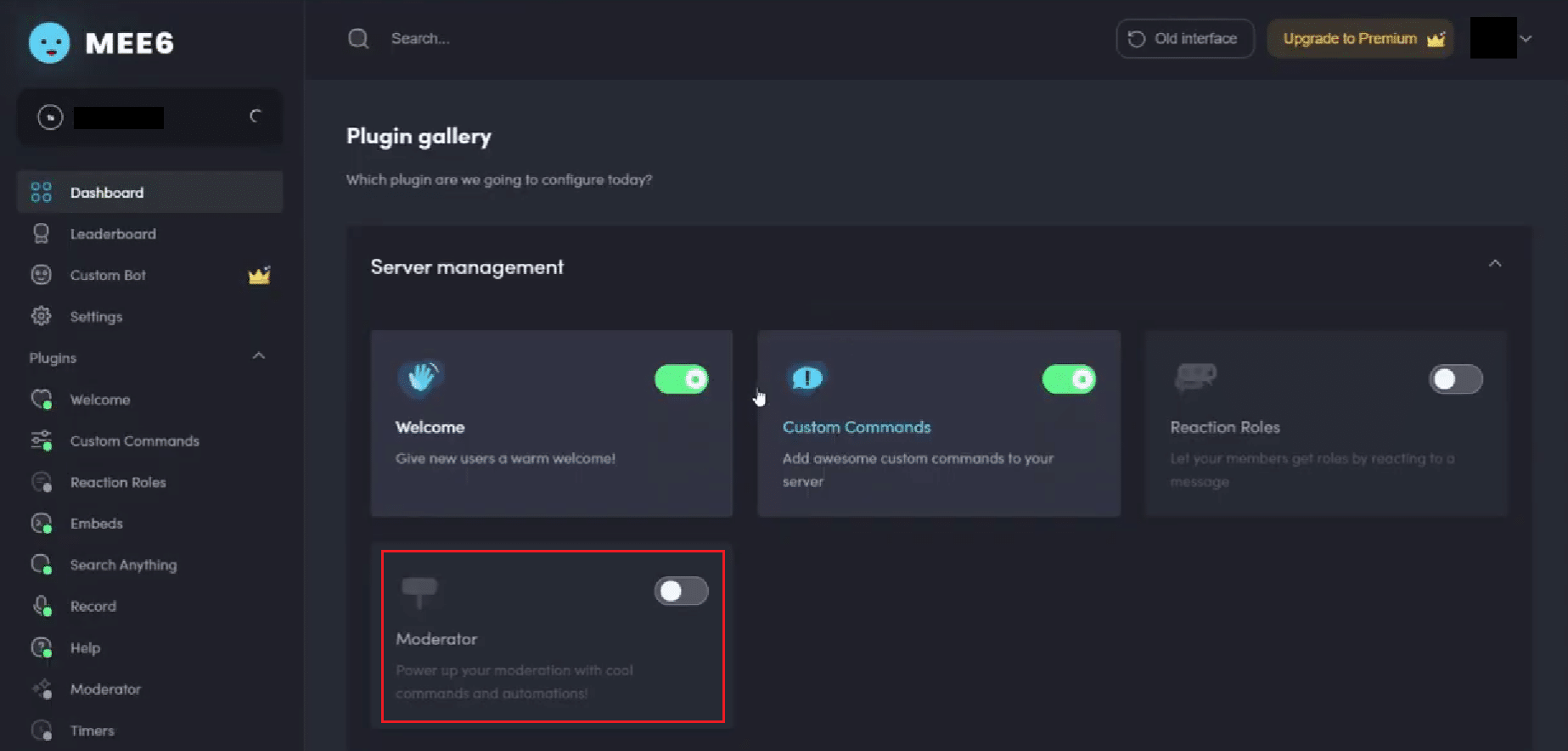 buka galeri Plugin dan aktifkan sakelar untuk tab Moderator |