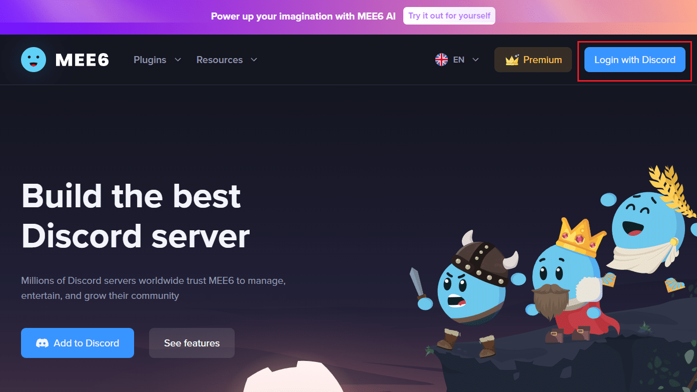 ブラウザーで Mee6 の Web サイトにアクセスし、Discord の資格情報でログインします。