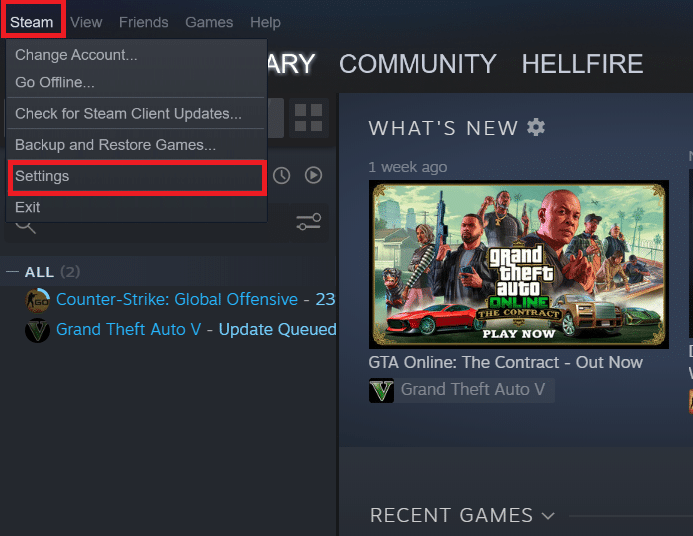 Steam'deki ayarlar seçeneği