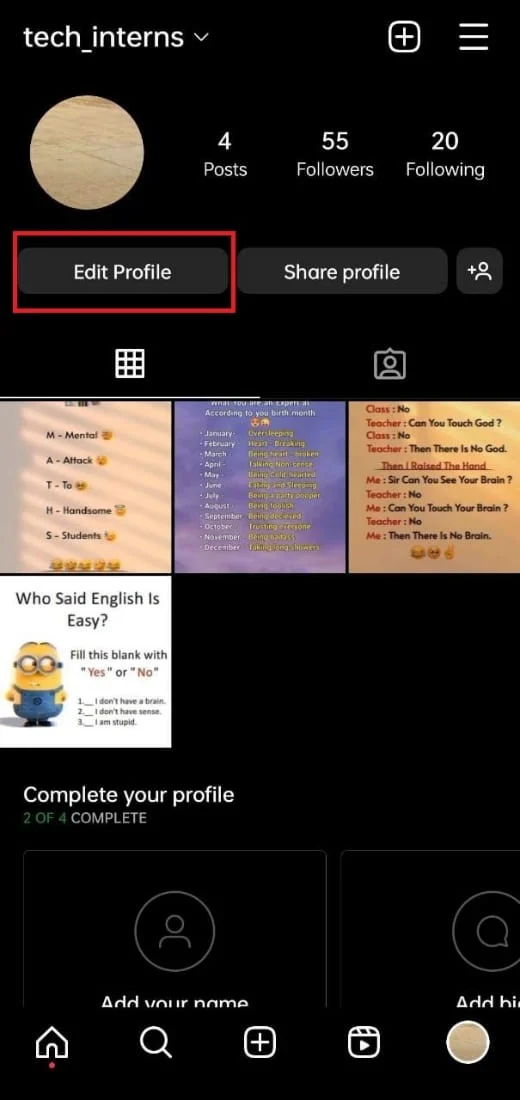 Seção de perfil no Instagram