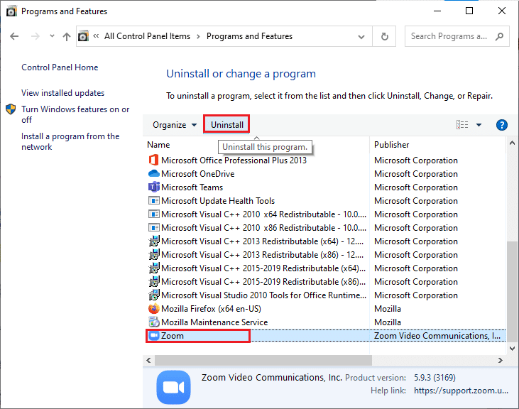 Hapus instalan Zoom. Perbaiki Kode Kesalahan Zoom 103033 di Windows 10