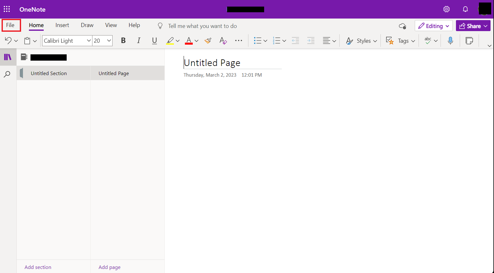 파일 탭을 클릭합니다. Microsoft OneNote 잘못된 노트북 이름 오류 수정