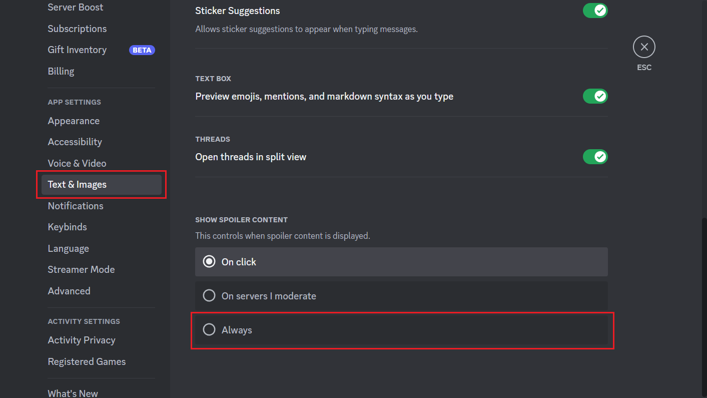 Metin ve Resimler - SPOILER İÇERİĞİNİ GÖSTER bölümünden her zaman radyo düğmesi | Discord Mobile'da Görüntüler Nasıl Gizlenir