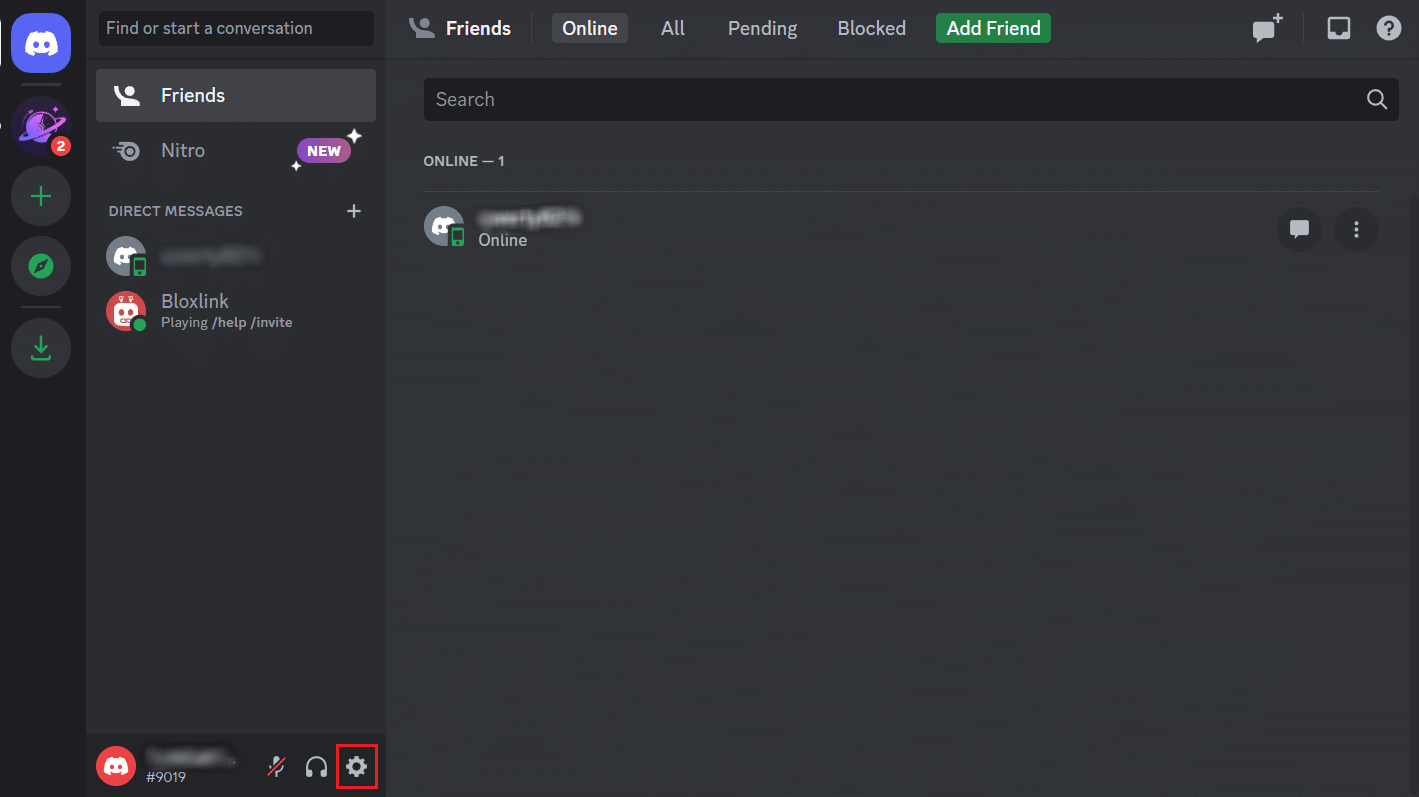 Discord hesabı - Ayarlar dişli simgesi