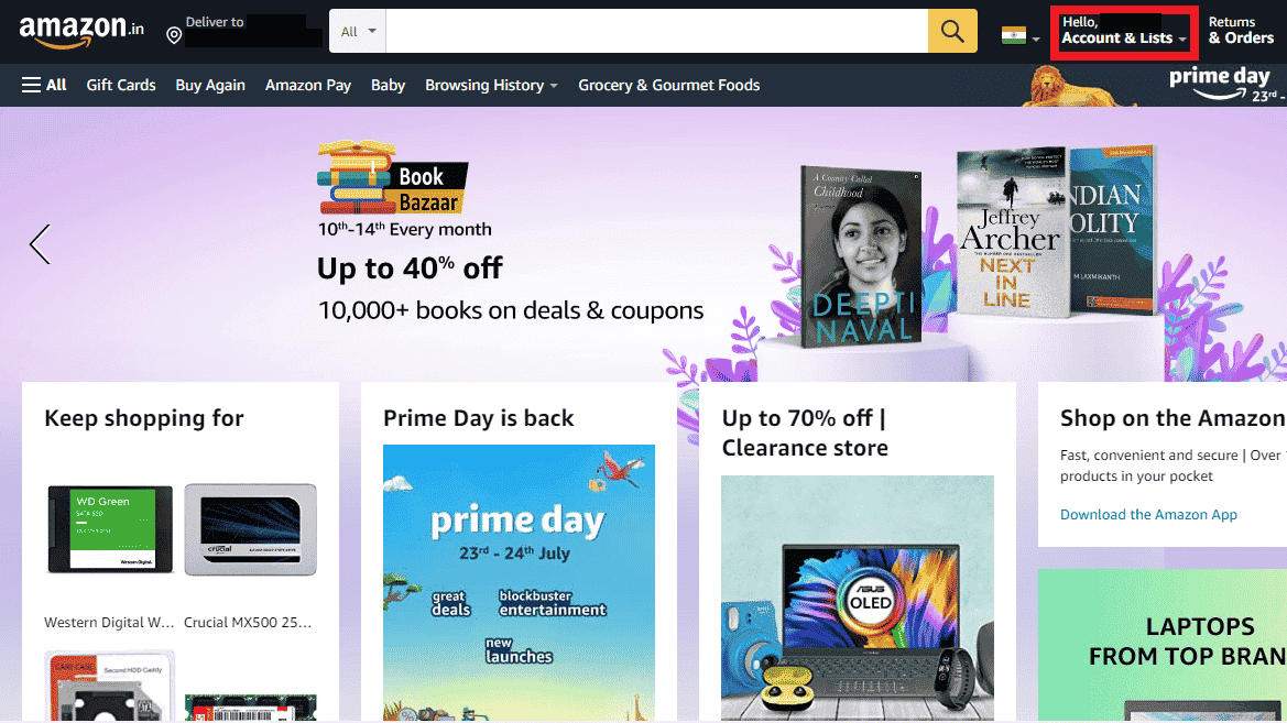 Ekranın üst kısmından Hesaplar ve Listeler'e tıklayın | Amazon'da Tam Kredi Kartı Numarası Nasıl Görülür?