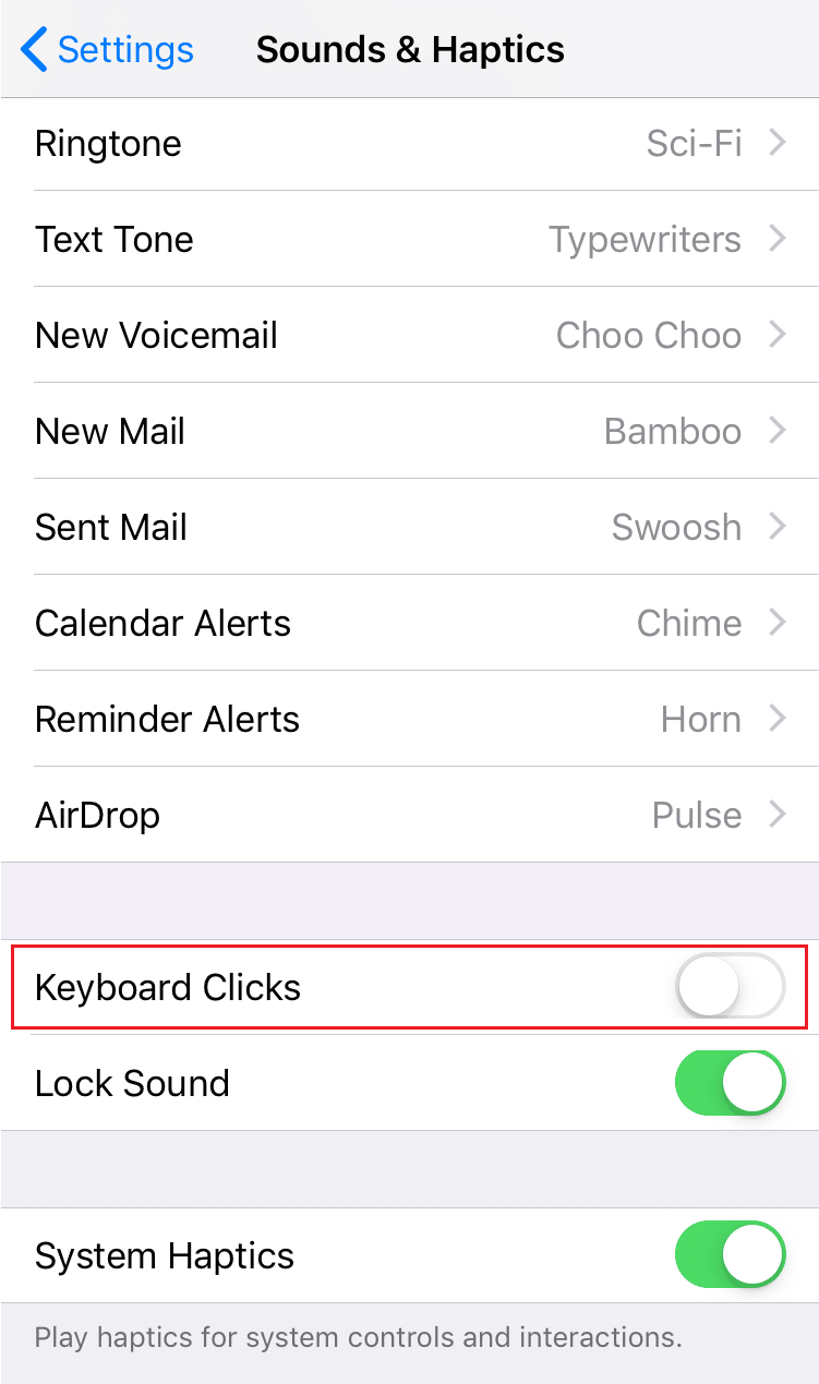 Klavye Tıklamaları seçeneği için anahtarı kapatın | iPhone'umdaki Tuş Takımı Sesini Nasıl Kapatırım?