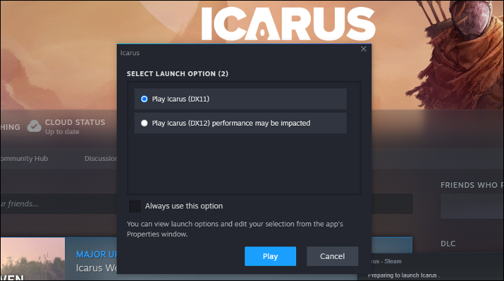 Wybieranie wersji directx dla Icarus na Steamie