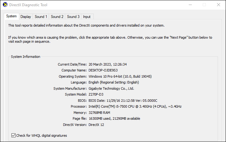 narzędzie diagnostyczne DirectX w systemie Windows 10