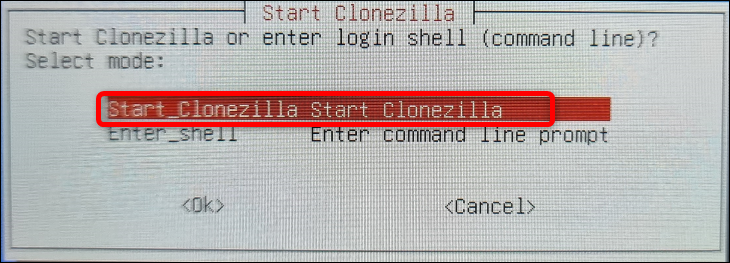 选择第一个选项，启动 Clonezilla
