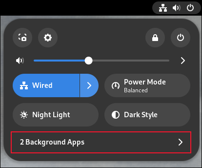 Das Fedora 38 GNOME-Systemmenü mit hervorgehobener Hintergrundanwendungszeile