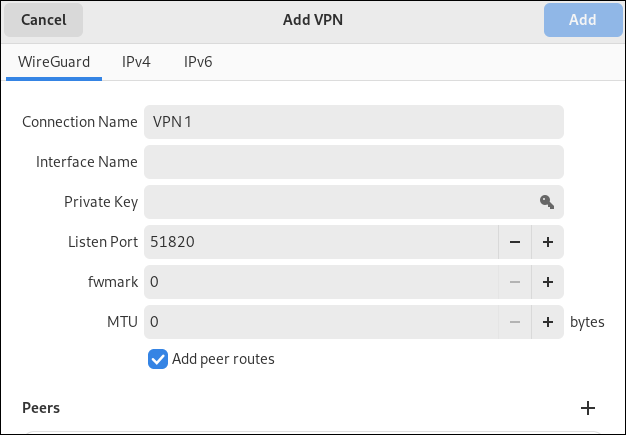 Das Wireguard VPN-Konfigurationsfenster in der Anwendung Fedora 38-Einstellungen