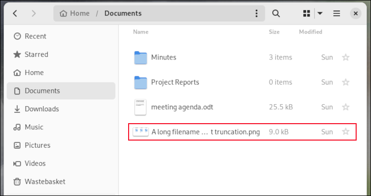 Der Dateibrowser von Fedora 38 schneidet einen Dateinamen in der Mitte ab, sodass der Dateityp noch sichtbar ist